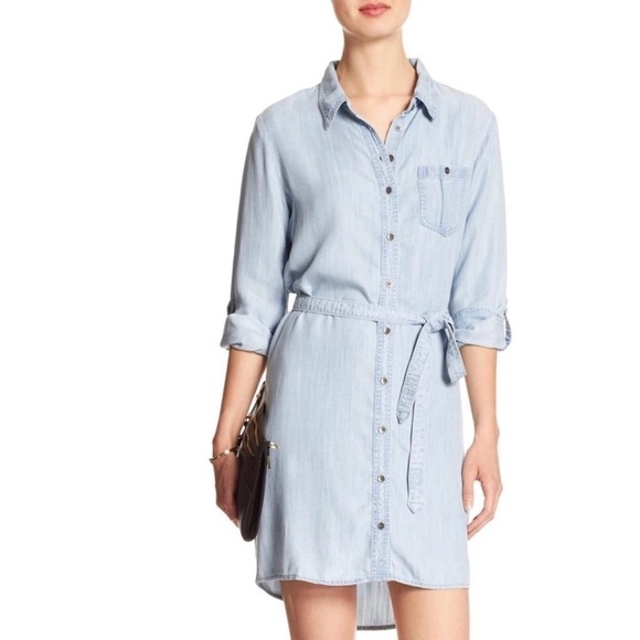 BANANA REPUBLIC Chambray Shirt Dress Light Wash Tie Waist Roll Tab Plus Size 14 - Picture 2 of 14